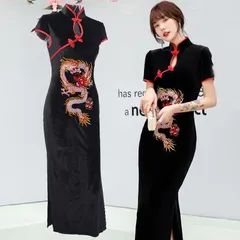 ★赤いライン 赤龍柄刺繍 黒 チャイナドレス【3103】★