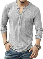 GANATA（ガナタ） ヘンリーネック ビター系 カットソー ちょい悪ファッション ヴィンテージ風 大人 カジュアル シャツ トップス メンズ( ライトグレー,  L)