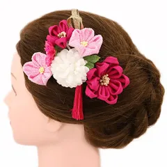 髪飾り 成人式 つまみ細工 振袖 前撮り 袴 浴衣 夏祭り 花火大会 豪華3点セット ピンク 薄ピンク 白 ゴールド ちりめん 房付き No.9-4146