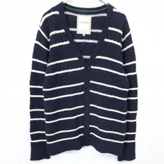 古着 nano・universe ナノユニバース M レディース ニット カーディガン ジャカード ボーダー Vネック ボタン留め 長袖 綿100% ネイビー 紺