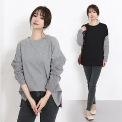 長袖シャツ レディース トップス 切り替え クルーネック ストライプ 長袖 カジュアル シャツ インナー 春夏 薄手 シンプル カジュアルririt167