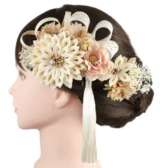 髪飾り 成人式 振袖 2点セット 花 白 クリーム色 オフホワイト ピンク ベージュ つまみ細工 剣つまみ 房 房付き 造花 レース No.9-5326