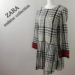 ザラ ZARA 袖レース 刺繍 バックタッセル リボン ひざ丈 チェックワンピース XS