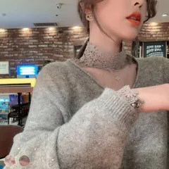 ハイネック レース インナー レディース ブラウス シースルー トップス チュール ベージュ グレー 韓国 メール便送料無料