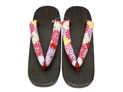 日本製 赤地菊柄下駄 赤／黄／牡丹／紫 鼻緒 茶色台 足に優しい 広鼻緒 22710