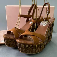 3d16 MIU MIU ミュウミュウ ウェッジソール スウェードレザーサンダル 38 ブラウン leather シューズ イタリア製 夏 箱付き