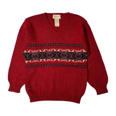 90s 00s USA製 ビンテージ Eddie bauer  エディー バウアー 白タグ ノルディック Vネック ウールニットセーター XS /レッド/アメリカ製