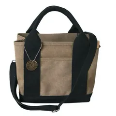 ミニトートバッグ 帆布 男女兼用トートバッグ 2way 3つ仕切り ベージュxブラック