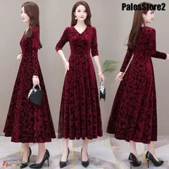 ワンピース レディース フェミニン 秋 冬 ロングワンピース ロングワンピ マキシ ロングドレス Vネック 長袖 ロングスリーブ ベルベット調 光沢 華やか シック xzjhzmm#