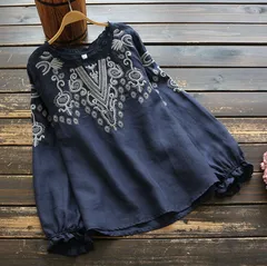 レディースチュニックシャツ幾何学（紺色Lサイズ/XLサイズ）春夏秋長袖シンプルゆったり51