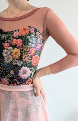 [Green Embroidery] ピンクメッシュロングスリーブ　大人バレエレオタード　サイズS/SM/M