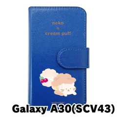【新品未使用】Galaxy A30 SCV43 ギャラクシーA30 スマホケース 手帳型 (色：ダークブルー×柄：ねことシュークリーム)moimoikka 猫 食べ物 動物 flip2-scv43-dbl-20130