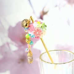 ❁つまみ細工大人かわいいブーケパステルBかんざし❁ミニボールブーケ・簪・和装髪飾り・和玉かんざし・ボールブーケ・簪・卒業式・入学式・成人式・七五三・着物・和装・浴衣髪飾り・ハンドメイド・ヘアアクセサリー・記念日・行事