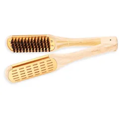 ONE-K ツインブラシ ストレートブラシ ウッド風 豚毛 旅行用 ストレートコーム コンパクトサイズ くせ毛対策 ヘアブラシ レディース メンズ ユニセックス (ゴールド) 