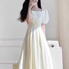 スカート ワンピース ドレス レディース フレアスカート ロングスカート パフスリーブ 半袖 スクエアネック 襟なし ノーカラー スリム Aライン 裾ワイド フェミニン ハイウエスト かわいい 大人可愛い きれいめ シンプル 上品 おしゃれ レトロ アジアン 