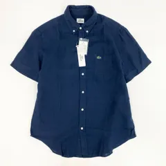 18f19 《未使用保管品》タグ付 LACOSTE ラコステ 総リネン ボタンダウン半袖シャツ ビジネス◎ カジュアル◎ CH8736 4 Lサイズ ネイビー 麻100％