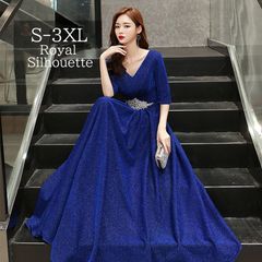 이브닝 드레스 파티 드레스 블루 블루 큰 사이즈 라메 파티 불려 7 분 소매 결혼식 원피스 SML XL LL 2XL XXL 3XL XXXL 착비 사은회 호화 퍼포먼스 롱 길이 심플