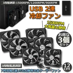 USBファン 12cm 2連 3段階調節 3個セット 静音 スピード 冷却ファン 送風機 扇風機 強力 パソコン 1500RPM/1200RPM/900RPM USB FAN 卓上 Xbox PS ゲーム機 ルーター 冷却 対応 扇風機 薄型 サイレ