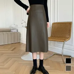 フェイクレザーロングスカート レディース 10代 20代 30代 韓国ファッション カジュアル 無地 シンプル Aライン スリット 大人 春 秋 冬