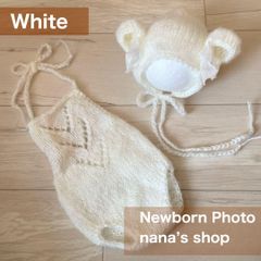 白♪リボンくま耳帽子と編み模様のオーバーオール　ニューボーンフォト撮影衣装