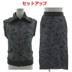 ヒロコビス HIROKO BIS セットアップ 中綿入りキルティング ニット切替え ベスト ジップアップ スカート ミモレ丈 ウエストゴム 花柄 グレー系 マルチカラー 9のサムネイル
