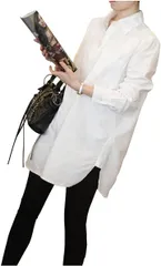 SLOW＆MELLOW スロウアンドメロウロング シャツ 長袖 レディース シンプル 無地 チュニック 丈 ブラウス 2XL( ホワイト,  2XL)