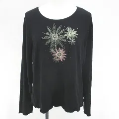 ヌオヴォクワランタ nuovo quaranta 花柄 フラワー 長袖 Tシャツ カットソー L 黒系 ブラック 日本製 ストレッチ 刺繍 ビーズ ラインストーン