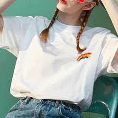 半袖　ホワイト　Tシャツ　L ゆったり　韓国　シンプル　レインボー　オーバーサイズ　ワンポイント