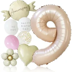 【新品】 deerzon くすみピンク 9歳 くすみカラー 数字 バルーン 誕生日 飾り付け 10点 セット 大きい 65cm くすみ ニュアンスカラー ナンバーバルーン バースデー 0
