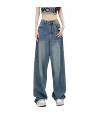 [Lunenon Soleil] デニム 体型カバー ワイドパンツ レディース ハイウエスト バギー ジーンズ ワイドジーンズ 脚長 jeans 美脚 小尻見え ユッタリ 春秋 薄手 大きいサイズ 低身長 ウエストゆるめ ズボン (JP [ブルー] [3XL]