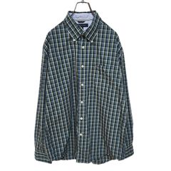 TOMMY HILFIGER トミーヒルフィガー ボタンダウン 長袖チェックシャツ メンズ Lサイズ グリーン 刺繍ロゴ