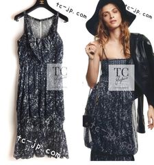 115万 シャネル ワンピース CHANEL ネイビー ブルー 濃紺 シルク シフォン 貴重 40
