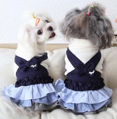 【閉店セール全品半額】ハイネックフリルワンピース　重ね着風ワンピ　ドッキングワンピ　犬服　ドッグウェア