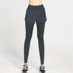 ☆ グレーブルー ☆ Lサイズ ☆ ヨガウェア ショートパンツ付きレギンス ショートパンツ付きレギンス ヨガ ヨガパンツ ヨガウェア フィットネスパンツ ハイウエスト スポーツパンツ レディース トレーニングウェア 部屋着 カジュアル 隠しポケット