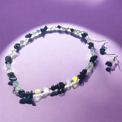 【天然石】オブシディアン×ガラス ネックレス＆ピアスセット／魔除け・透明感アクセ