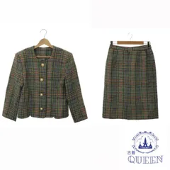 ☆美品☆ セットアップ スーツ上下 ノーカラージャケット 長袖 ボタン ひざ丈スカート おしゃれ 大きめサイズ レディース グリーン チェック 11 絹 901-15919 送料無料 古着