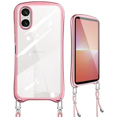 Xperia 5 V ケース ショルダー クリア ストラップ付き SO-53D 肩掛け 首掛け Sony Xperia 5V カバー 縄掛け 斜めがけ 紐付き 耐衝撃 TPU メッキ加工 シリコン 薄型 軽量 スマホケース (ローズゴールド) 0