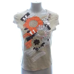 ヒロコビス HIROKO BIS カットソー Tシャツ Vネック パッチワーク ステッチ 刺繍 フレンチスリーブ 9 M ベージュ /AUのサムネイル
