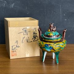 九谷焼 香炉 【中古】美品 友山 三つ脚 獅子 摘み 共箱付き 約11×11×15cm / 900167