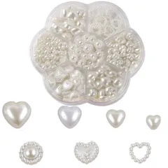 【在庫セール】ネイルストーン DIY ストーン 底平 ハン パール ドメイド パール ネイルアート 大きめネイルアートネイル ネイルパール デコパーツ ハート型 ネイル装飾 半円 ホワイト 約460個 収納ボックス付き（11mm/10mm/9mm/8mm/7m