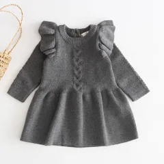 ☆ グレー ☆ 73cm ☆ ワンピース ベビー ニット シンプル ベビー ニットワンピース 女の子 ニット フリル ワンピース 子供服 キッズ ベビー服 ワンピ 長袖 ニットワンピ 可愛い かわいい オシャレ おしゃれ 春 秋 冬 冬服 秋服