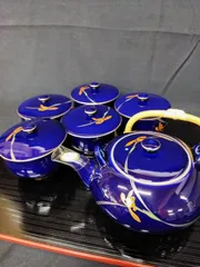 KORANSHA 香蘭社 食器 急須 湯呑セット 蘭文様 瑠璃色 金彩 急須1個 湯呑5客 蓋付湯呑