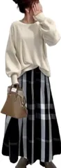 M_ベージュ/プルオーバー [マリアマーファ] ニット トップス チェック ロング スカート 2点 セット 秋 冬 上品 レディース セーター ニットソー ビックニット カーデ チュニック ストレッチニット クルーネック ポンチョ スリム パターン ギャル ビ