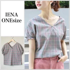 【美品♪】IENAボリュームスリーブチェックブラウス◆13,200tax in FREE SIZE 半袖　ブラウス B386