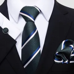 ネクタイ　チーフ　カフス　3点セット 結婚式　発表会　七五三祝い　ビジネス　パーティー　イベント　ダンスパーティー　スーツ　ワイシャツ　メンズネクタイ ポケットチーフ カフスボタン 3点 セット　ネイビー色　グリーン色　ホワイト色　ブラウン色　ストライプ柄