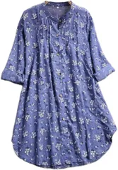 GRHONC チュニック シャツ レディース 花柄 ワンピース 長袖 トップス 薄手 体型カバー(ブルー,  M)