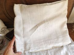 フランス アンティーク リネン　無地 シーツ　 モノグラム　刺繍　208ｘ270㎝　美品