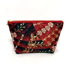 金襴布ポーチ（赤の小花模様）京都の金襴　お洒落で可愛い　和風ポーチ　西陣織