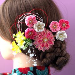 ❁つまみ細工金縁ピンクポンポンマム和装髪飾りセット ❁和装・着物・浴衣・卒園式・卒業式・七五三・水引髪飾り・ちりめんボール・和玉・記念日・行事・ハンドメイド髪飾り・ヘアアクセサリー・水引髪飾り