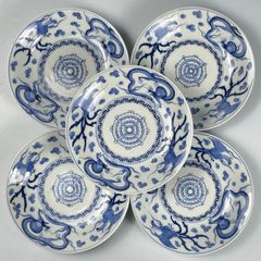 796 染付　龍　鳳凰　古伊万里　伊万里焼　骨董　アンティーク　中皿　5客セット